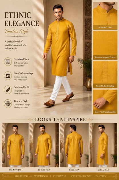 Mustard Yellow Textured Silk Kurta Pajama