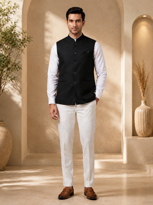 Black Solid Nehru Jacket (Bundi)