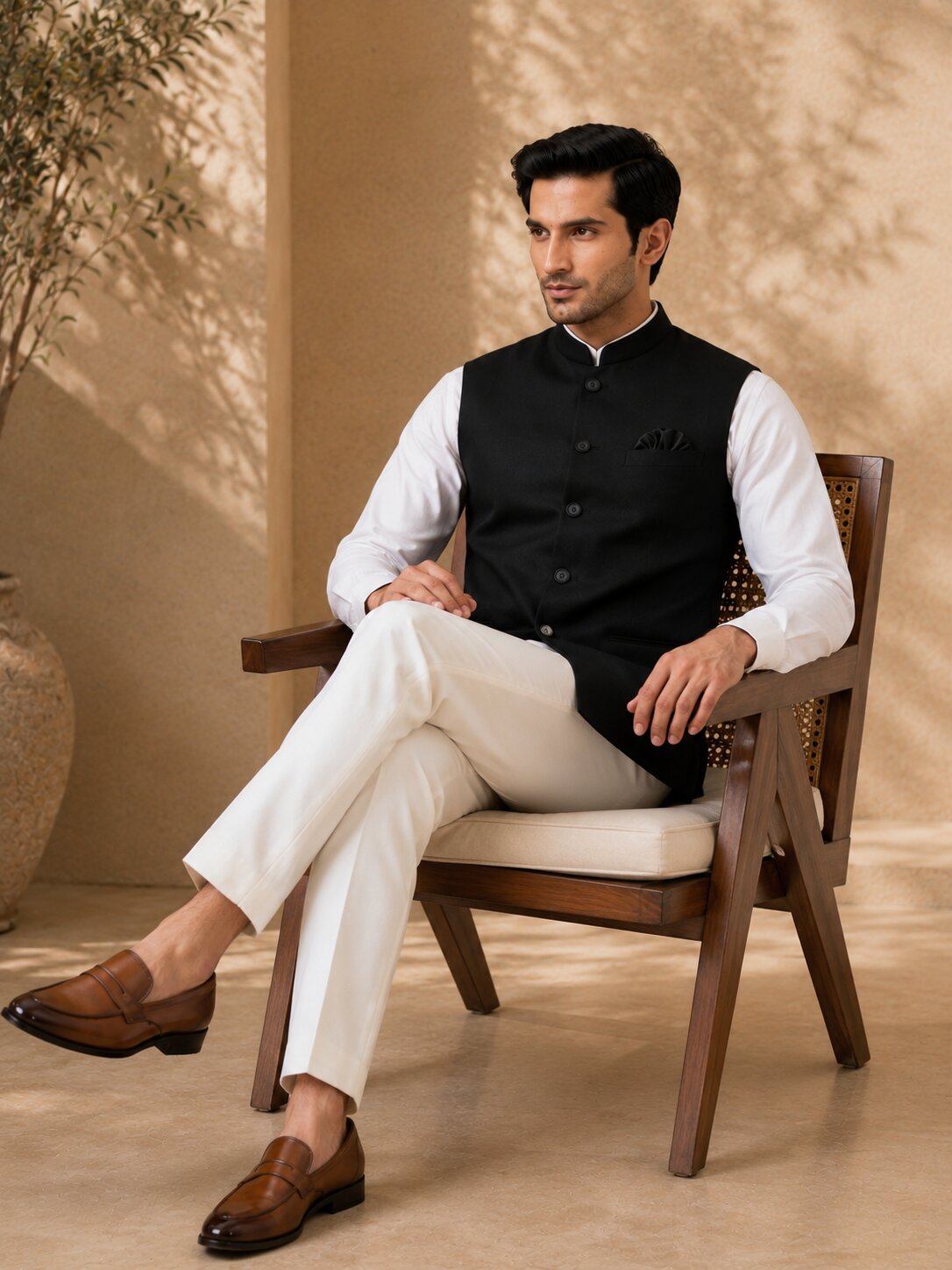 Black Solid Nehru Jacket (Bundi)