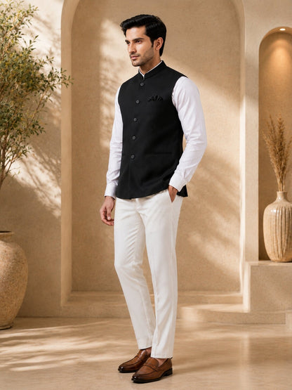 Black Solid Nehru Jacket (Bundi)