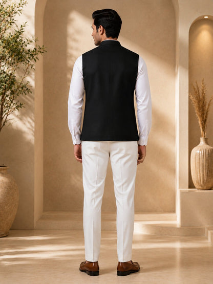 Black Solid Nehru Jacket (Bundi)