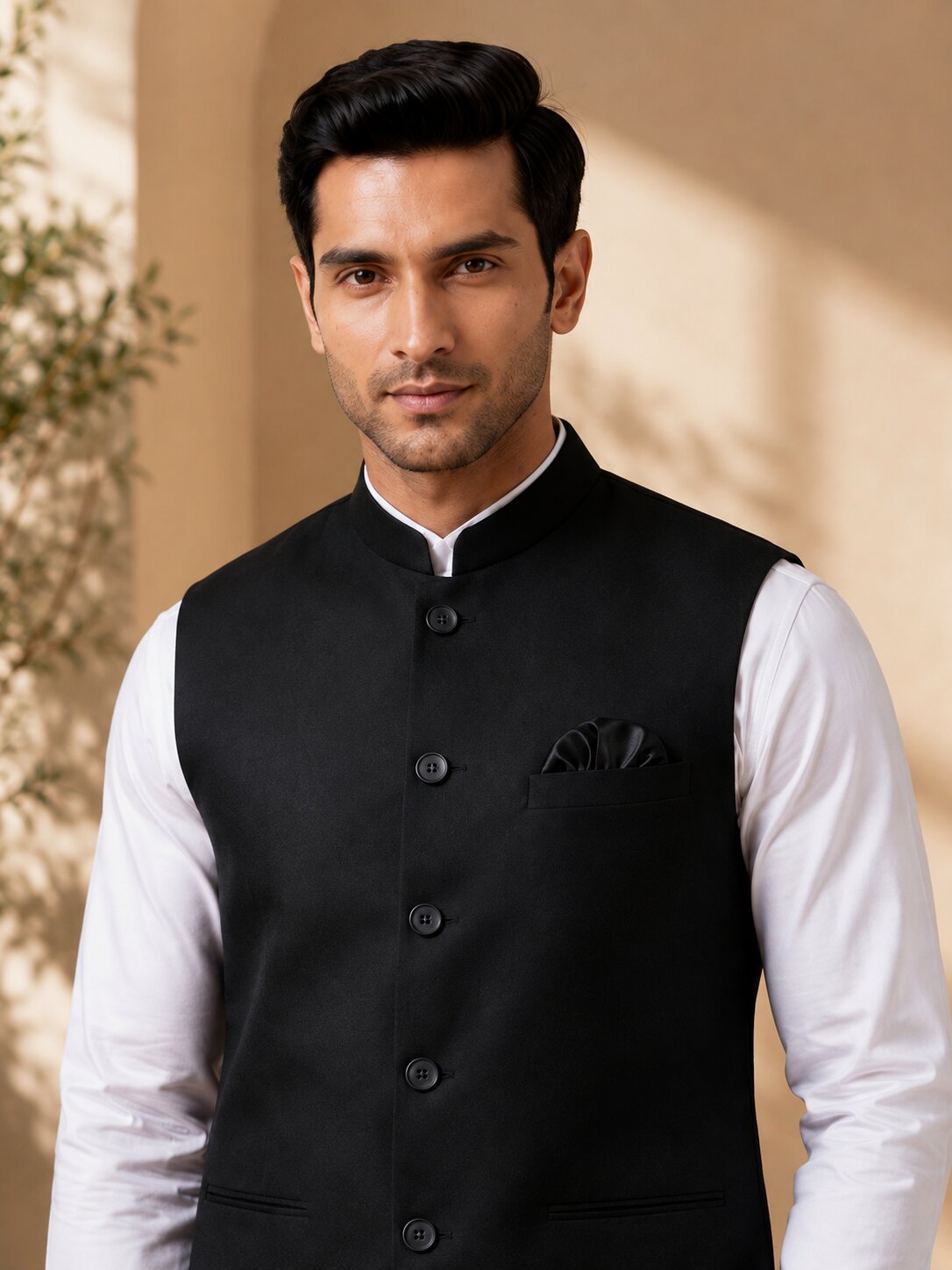 Black Solid Nehru Jacket (Bundi)