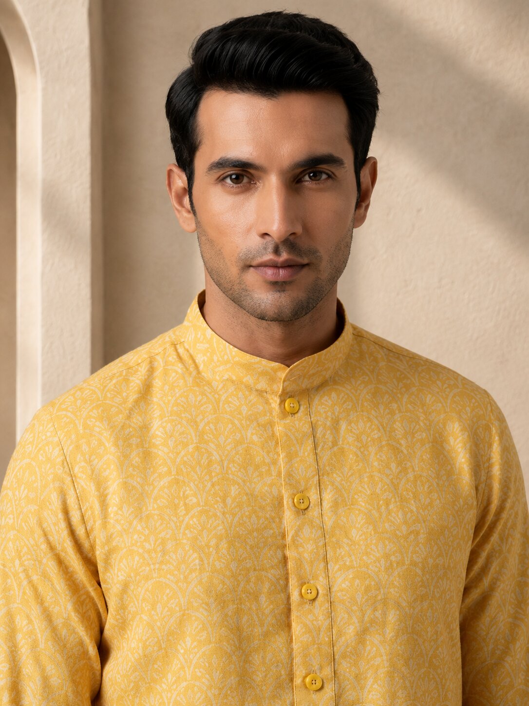 Men Yellow Printed Kurta Pajama Set