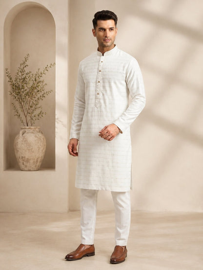 Men Cream Textured Kurta Pajama Set