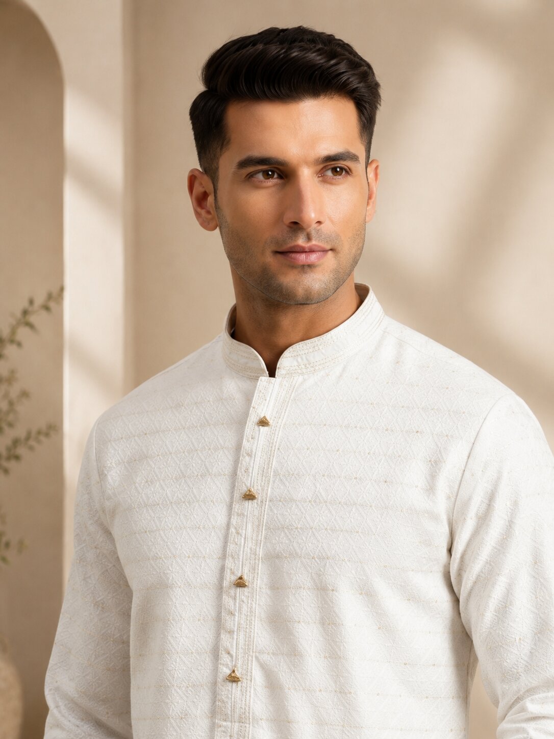 Men Cream Textured Kurta Pajama Set