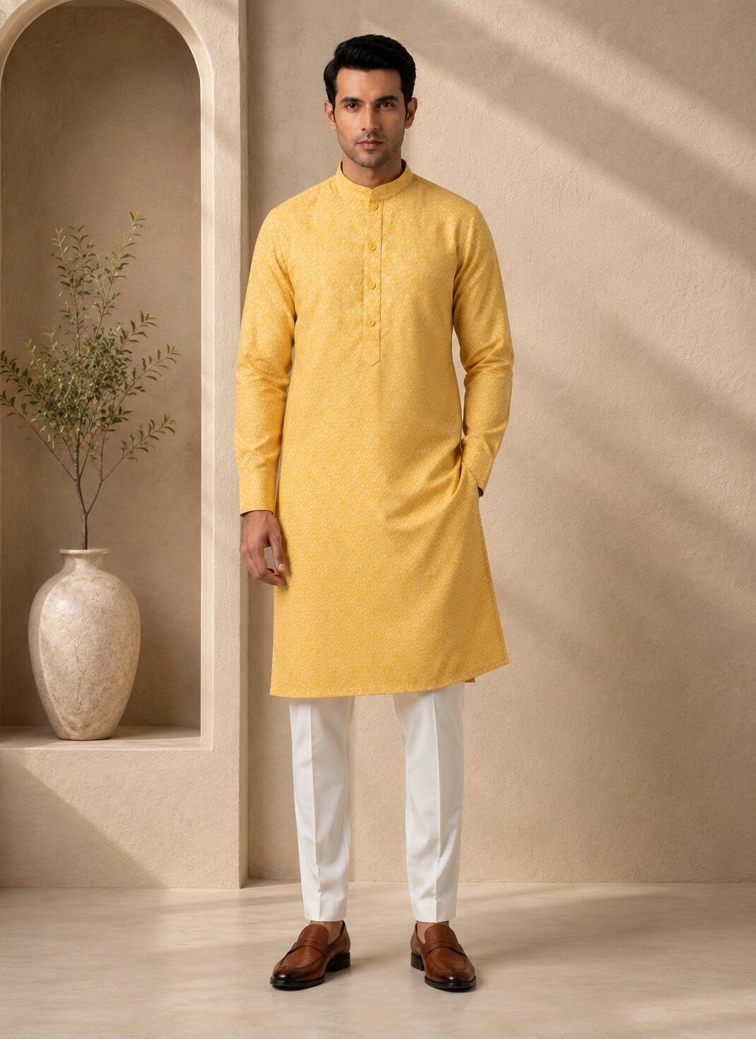 Men Yellow Printed Kurta Pajama Set