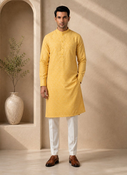 Men Yellow Printed Kurta Pajama Set