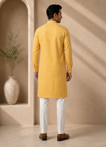 Men Yellow Printed Kurta Pajama Set