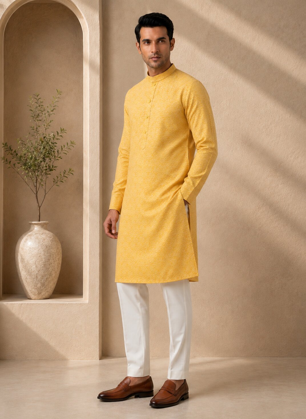 Men Yellow Printed Kurta Pajama Set