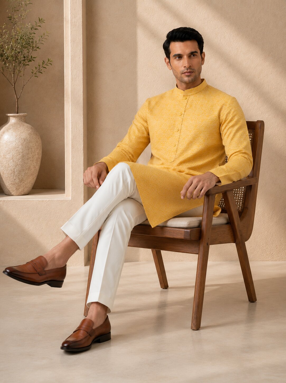 Men Yellow Printed Kurta Pajama Set