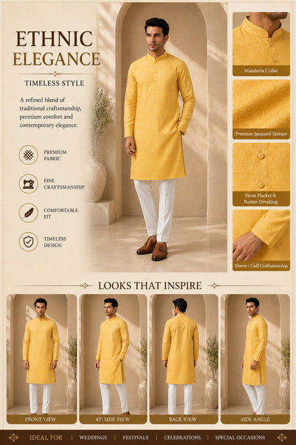 Men Yellow Printed Kurta Pajama Set