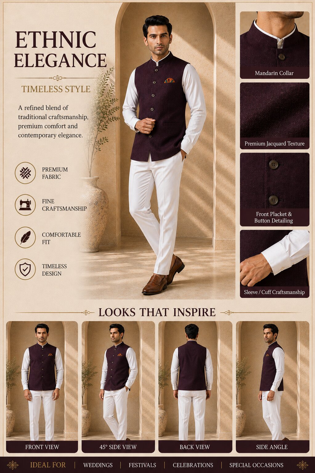 Trends of India Wine Nehru Jacket (Bundi)