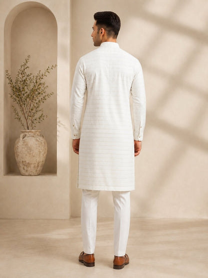 Men Cream Textured Kurta Pajama Set