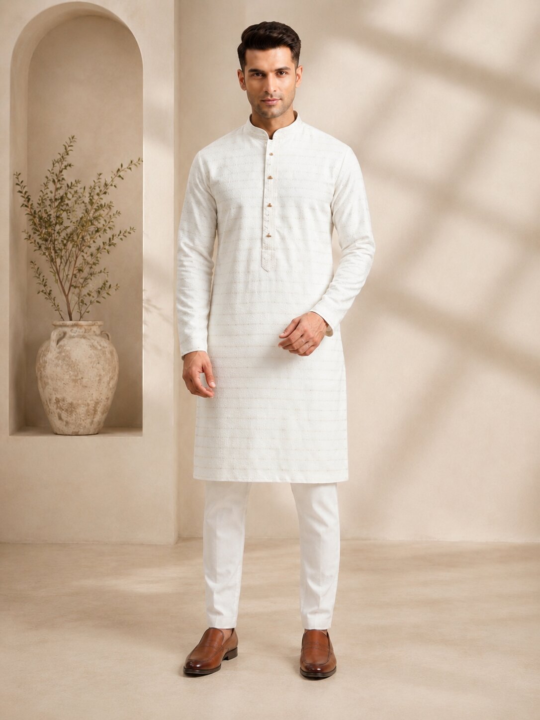 Men Cream Textured Kurta Pajama Set
