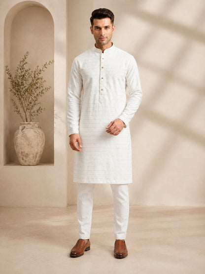 Men Cream Textured Kurta Pajama Set