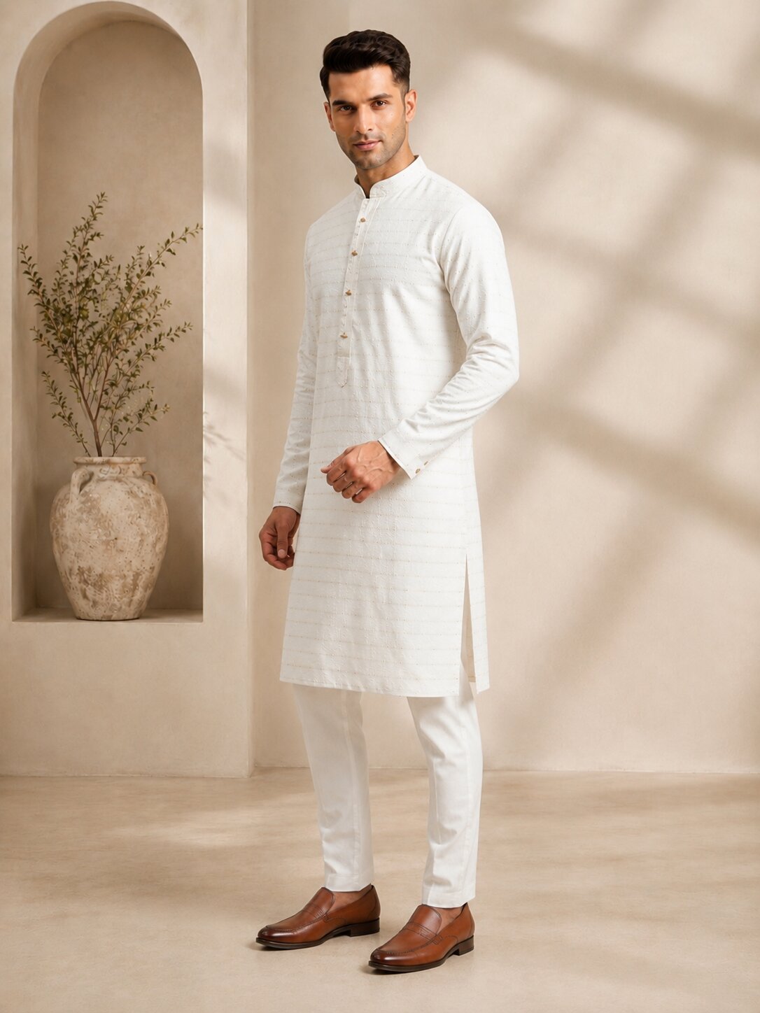 Men Cream Textured Kurta Pajama Set