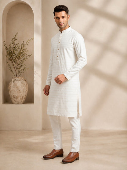 Men Cream Textured Kurta Pajama Set
