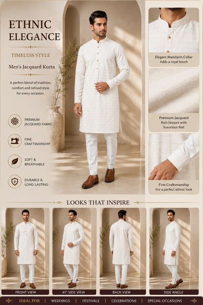 Men Cream Textured Kurta Pajama Set
