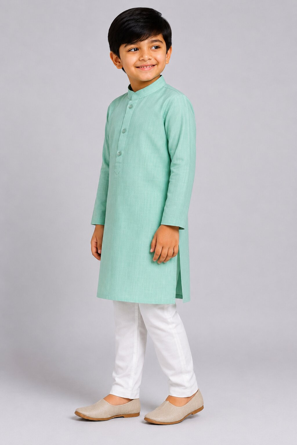 Kids Green Textured Kurta Pajama Set