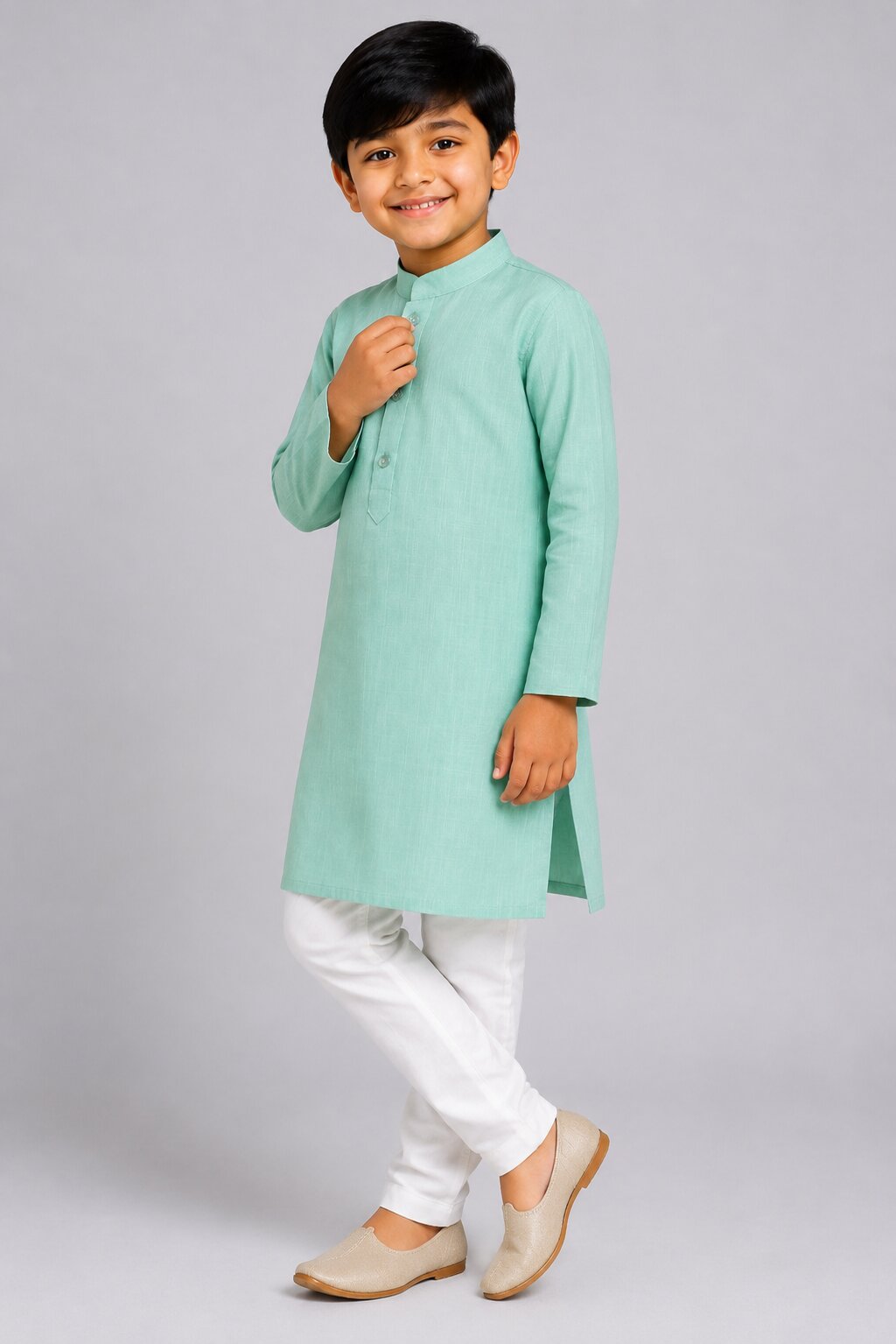 Kids Green Textured Kurta Pajama Set