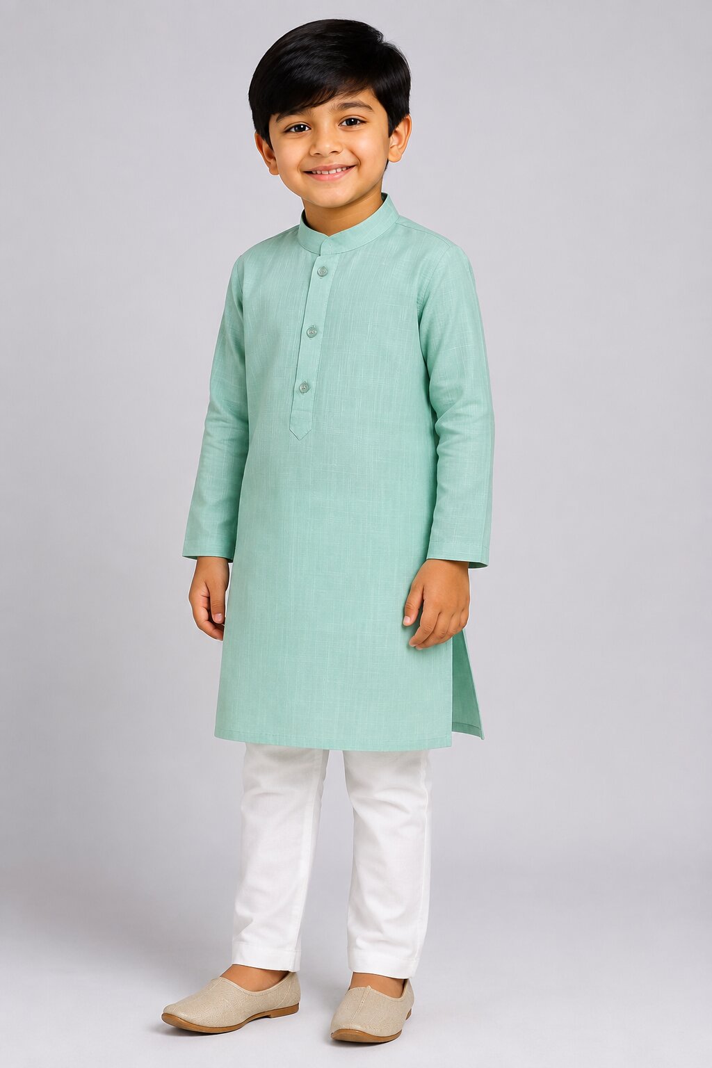 Kids Green Textured Kurta Pajama Set