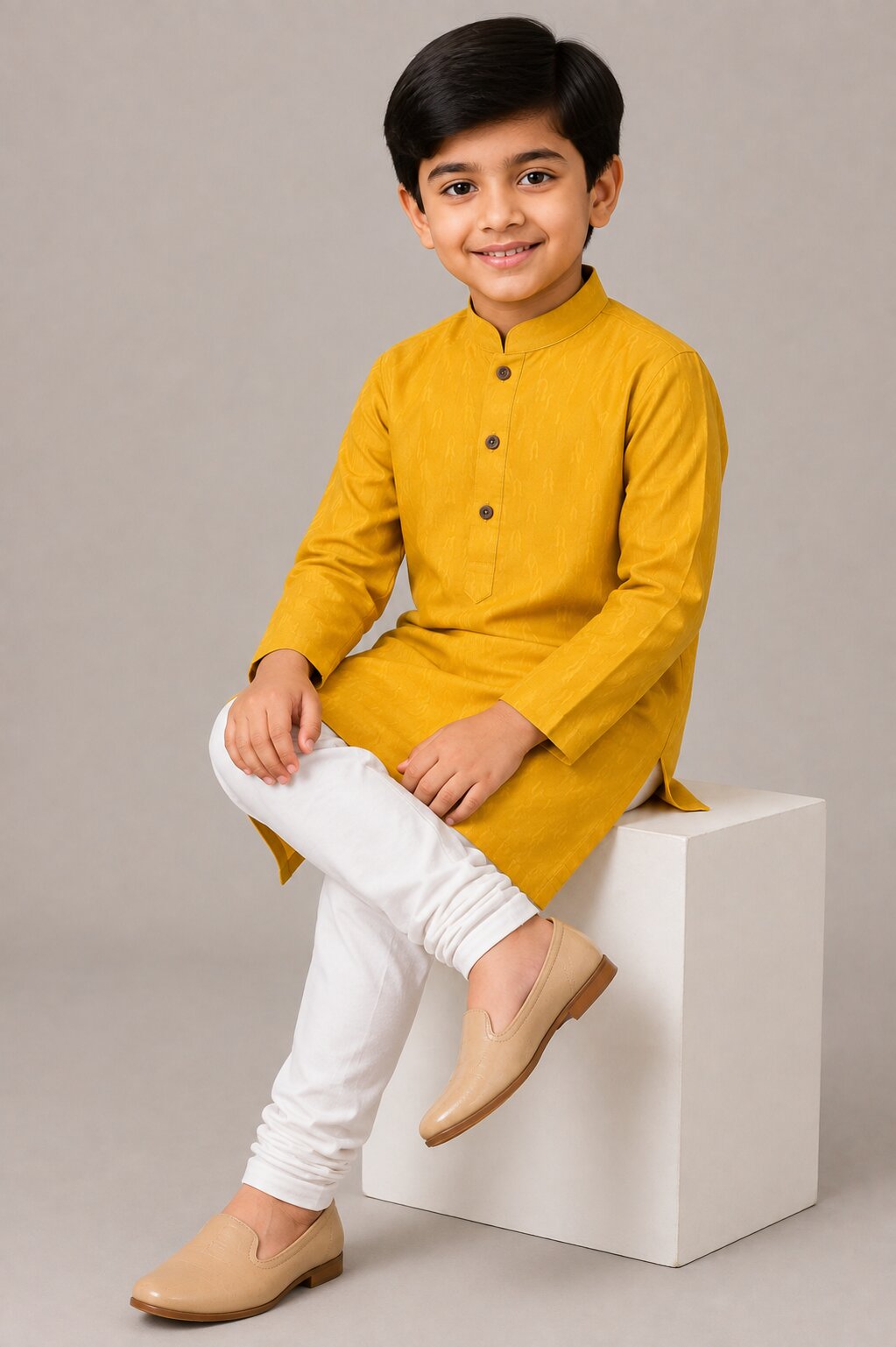 Kids Yellow Printed Kurta Pajama Set