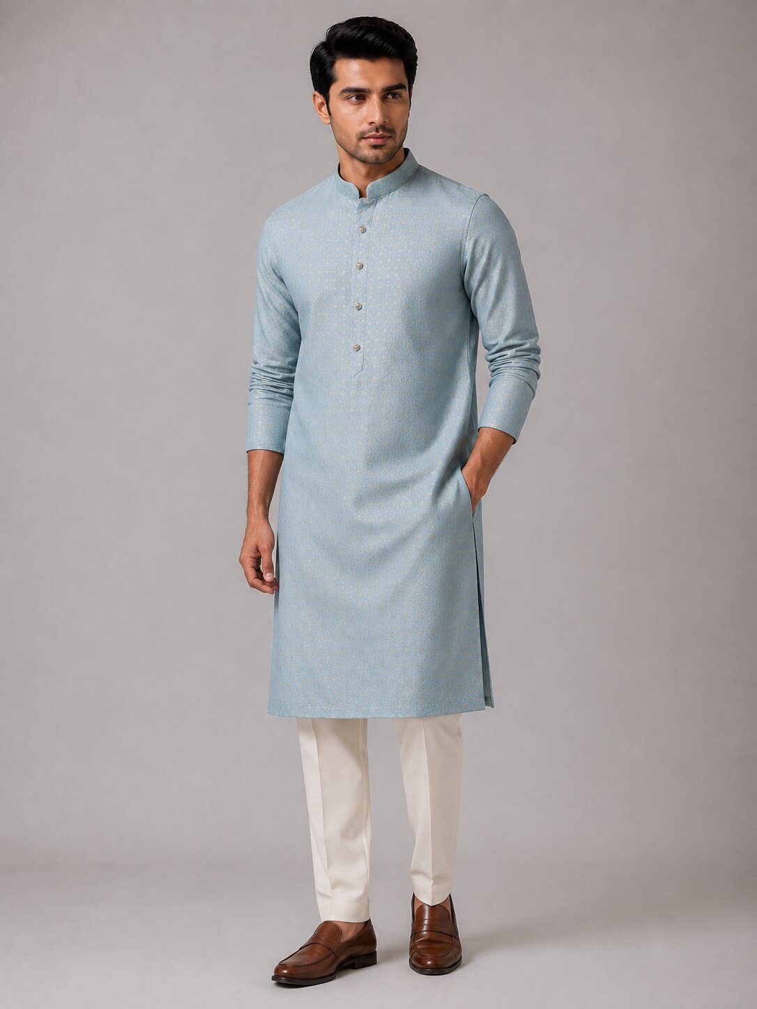 Men Light Blue Textured Kurta with Cream Pajama