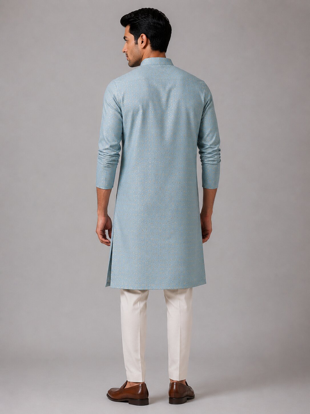 Men Light Blue Textured Kurta with Cream Pajama