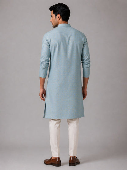 Men Light Blue Textured Kurta with Cream Pajama