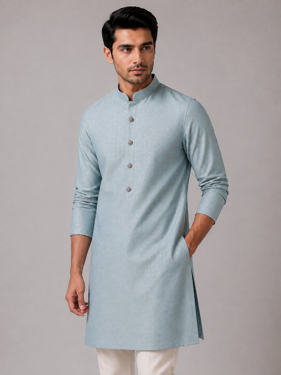 Men Light Blue Textured Kurta with Cream Pajama