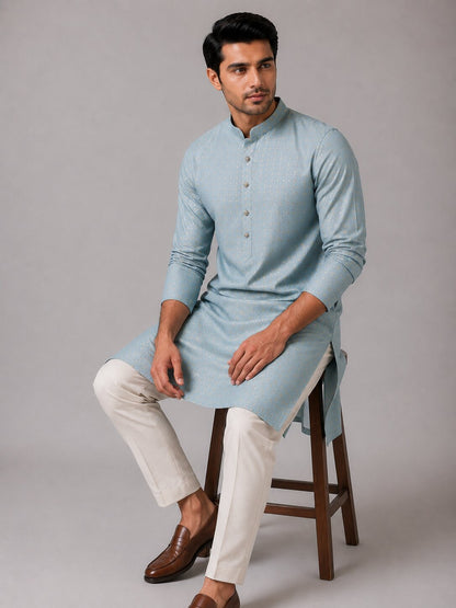 Men Light Blue Textured Kurta with Cream Pajama