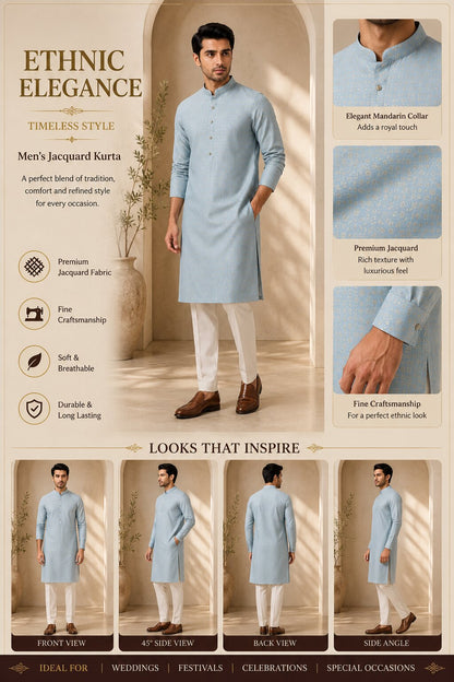 Men Light Blue Textured Kurta with Cream Pajama