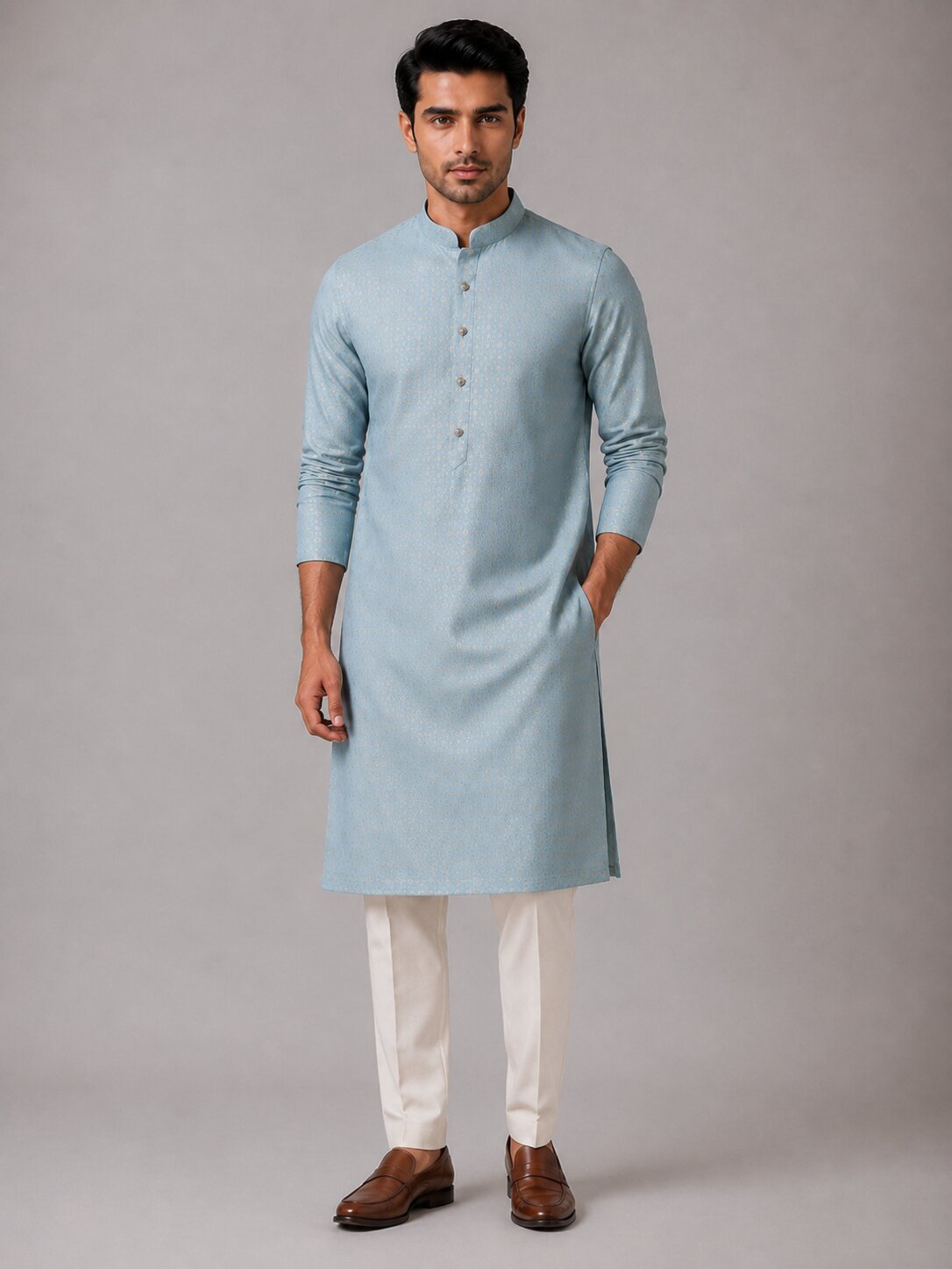 Men Light Blue Textured Kurta with Cream Pajama
