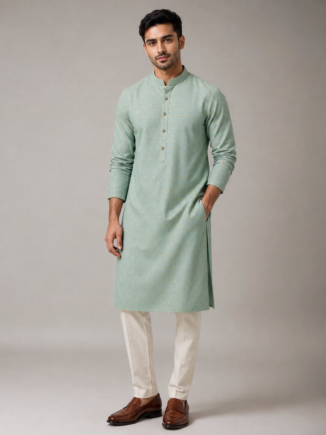 Men Pista Printed Kurta Pajama Set
