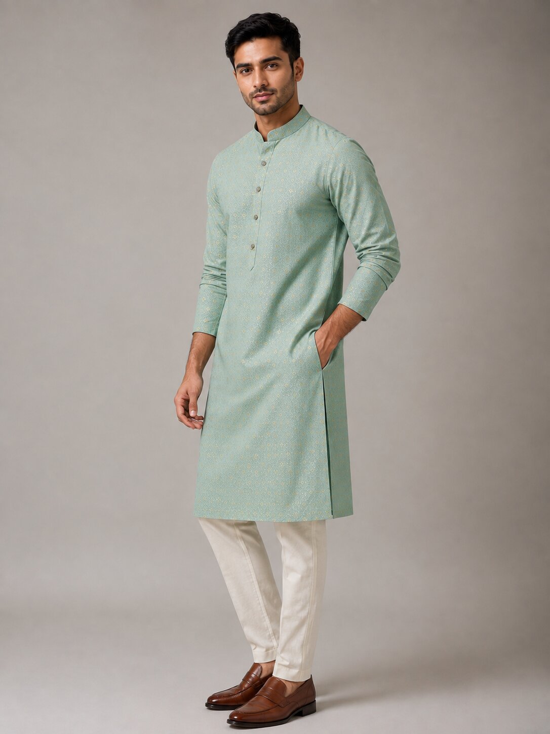 Men Pista Printed Kurta Pajama Set