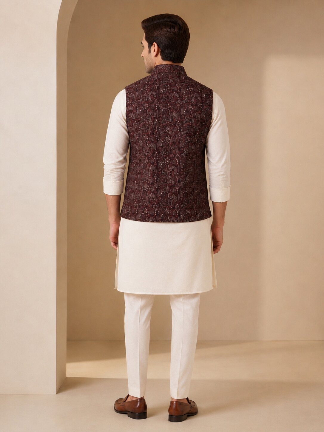 Wine Jacquard Nehru Bandi for Men