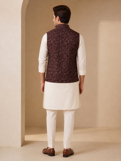 Wine Jacquard Nehru Bandi for Men