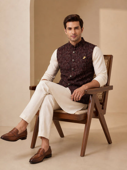 Wine Jacquard Nehru Bandi for Men