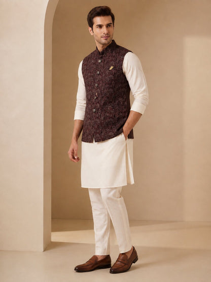 Wine Jacquard Nehru Bandi for Men