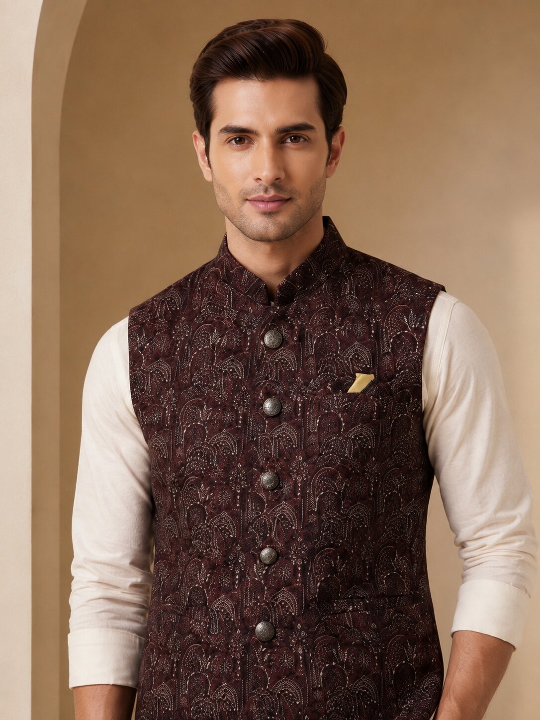 Wine Jacquard Nehru Bandi for Men
