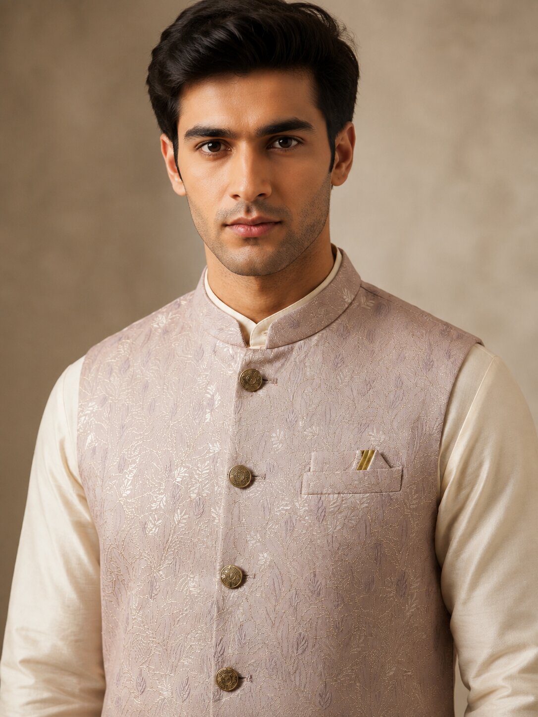 Peach Jacquard Nehru Bandi for Men