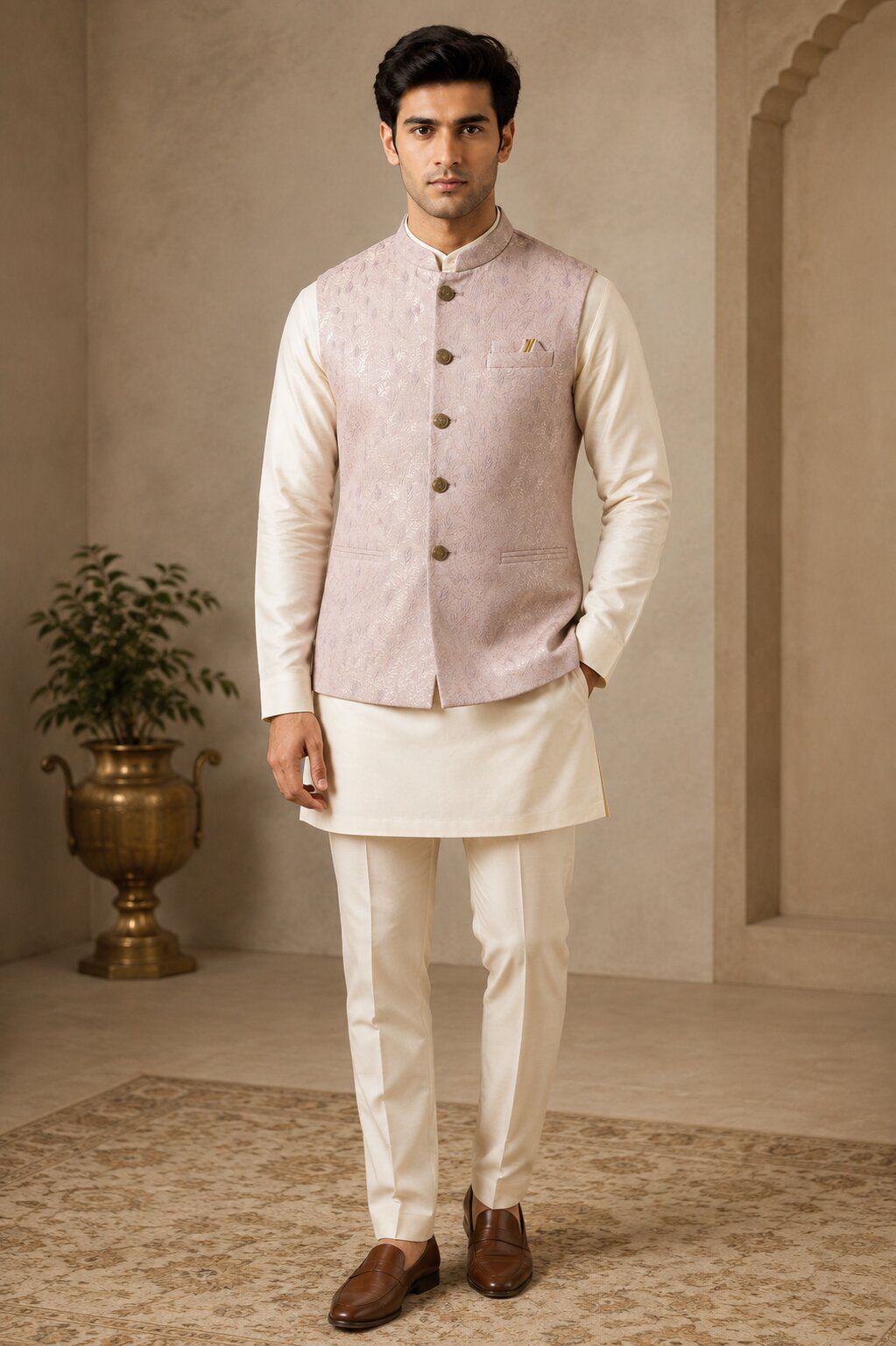 Peach Jacquard Nehru Bandi for Men