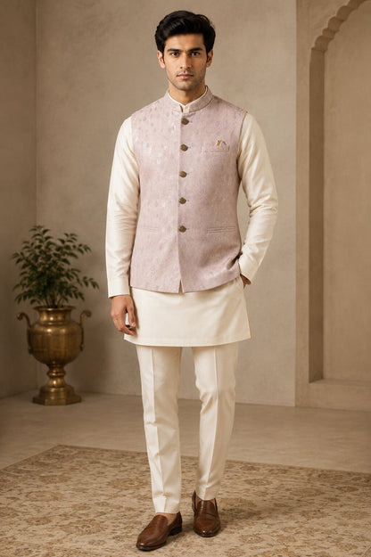 Peach Jacquard Nehru Bandi for Men