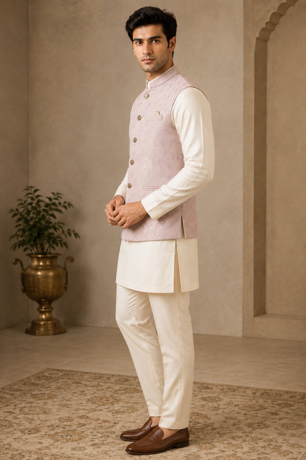Peach Jacquard Nehru Bandi for Men