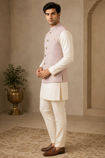 Peach Jacquard Nehru Bandi for Men