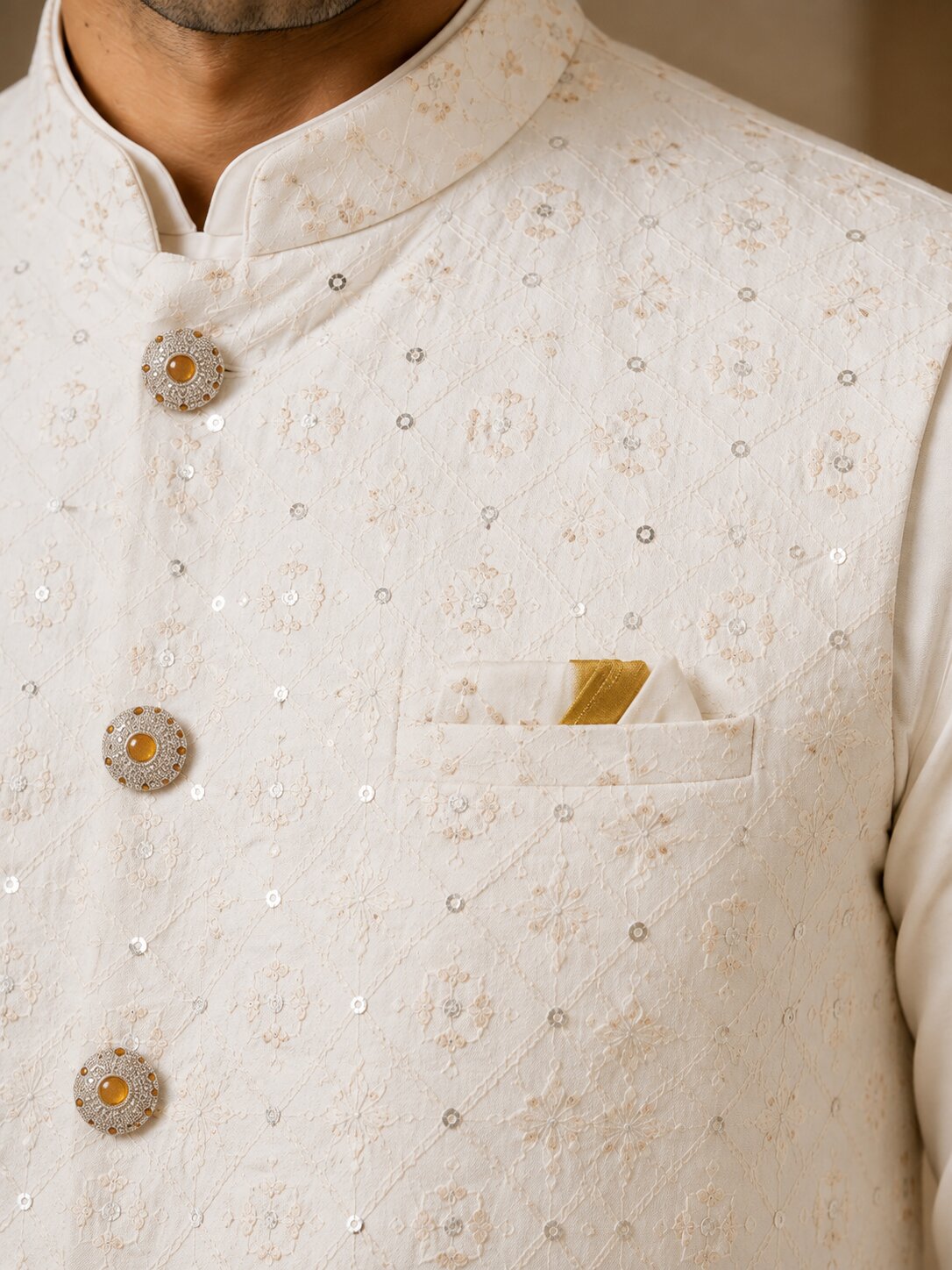 Off White Embroidered Nehru Bandi for Men