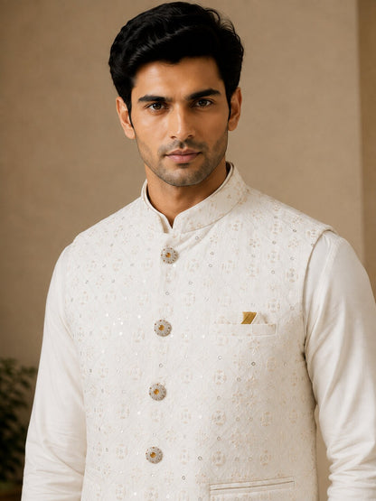 Off White Embroidered Nehru Bandi for Men