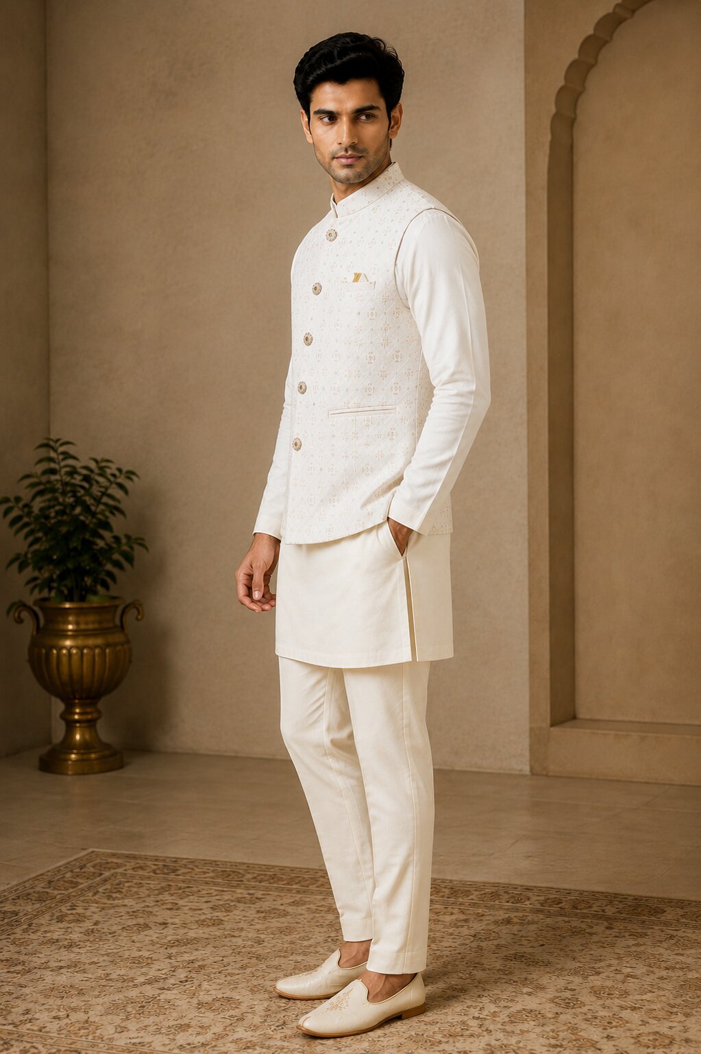 Off White Embroidered Nehru Bandi for Men