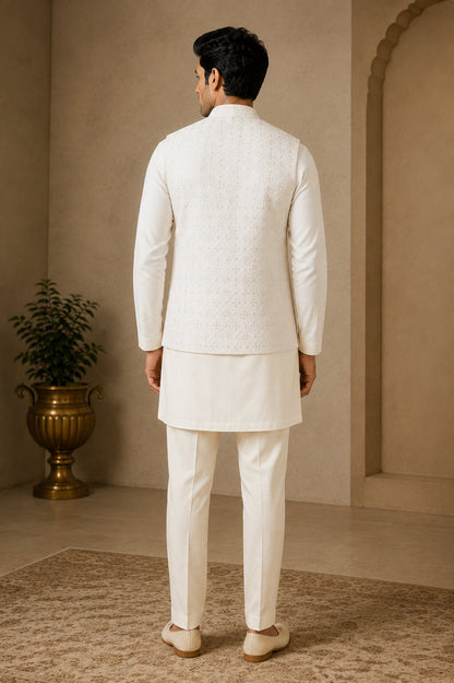 Off White Embroidered Nehru Bandi for Men