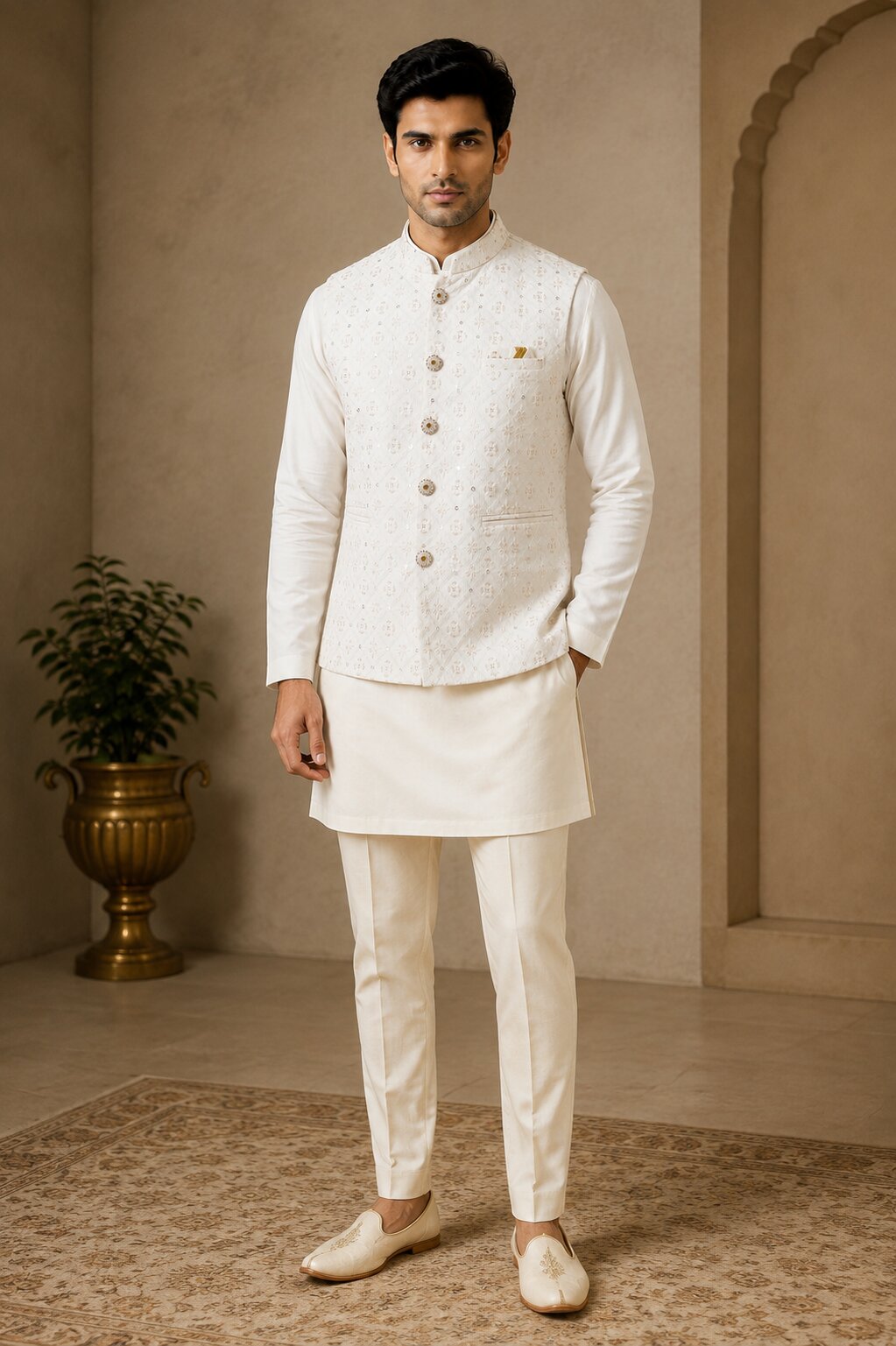 Off White Embroidered Nehru Bandi for Men